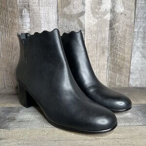 New Womens Lands End Black Leather Scalloped Heeled Ankle Boots Booties Size 9 B
